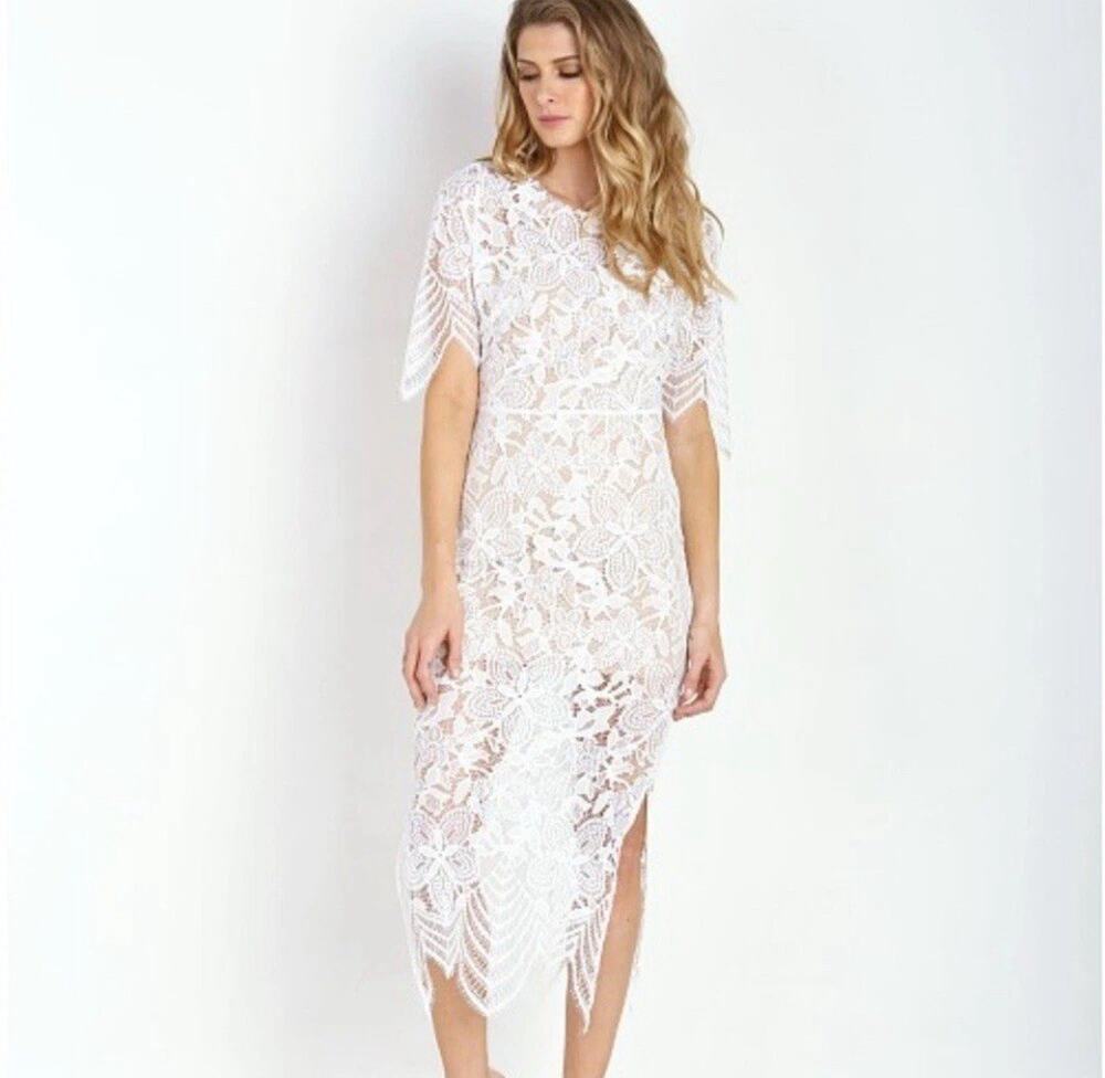 FOR LOVE & LEMONS Luna Lace Midi Dress White Bride Bridal Small Boho Lace New N4